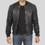 Black leather bomber jacket for men, front view