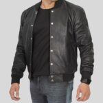 Black leather bomber jacket for men, side view