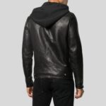 Black leather hooded biker jacket back view