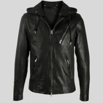 Black leather hooded biker jacket front view