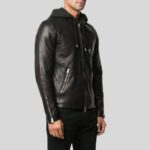 Black leather hooded biker jacket side view