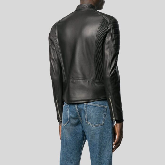 Back view of men's brown leather bomber jacket