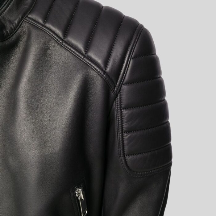 Close-up of men's brown leather bomber jacket