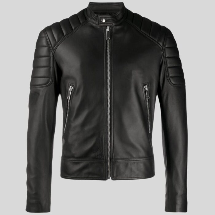 Front view of men's brown leather bomber jacket