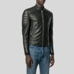 Side view of men's brown leather bomber jacket