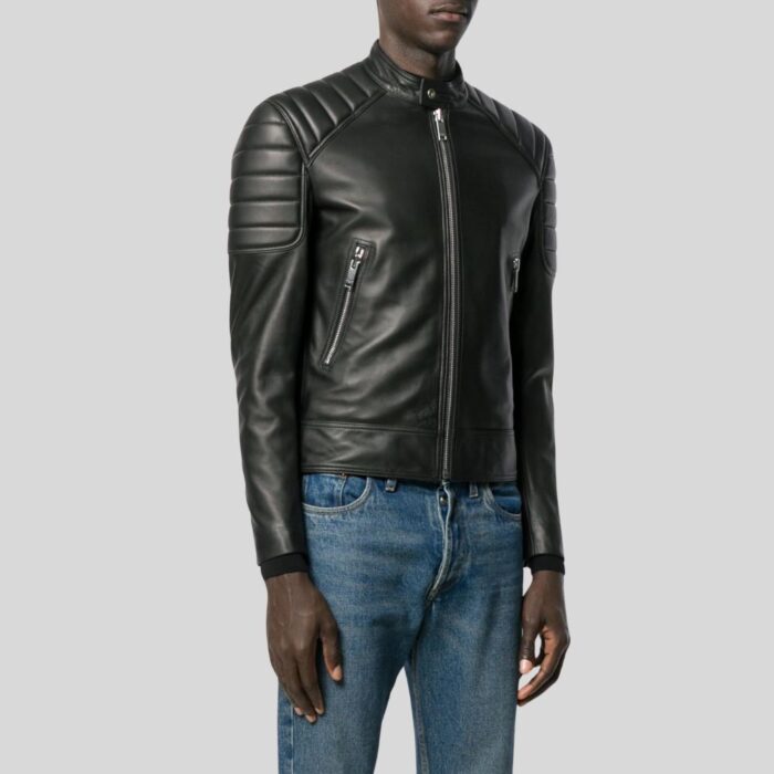 Side view of men's brown leather bomber jacket