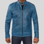 Blue leather jacket for men - front view