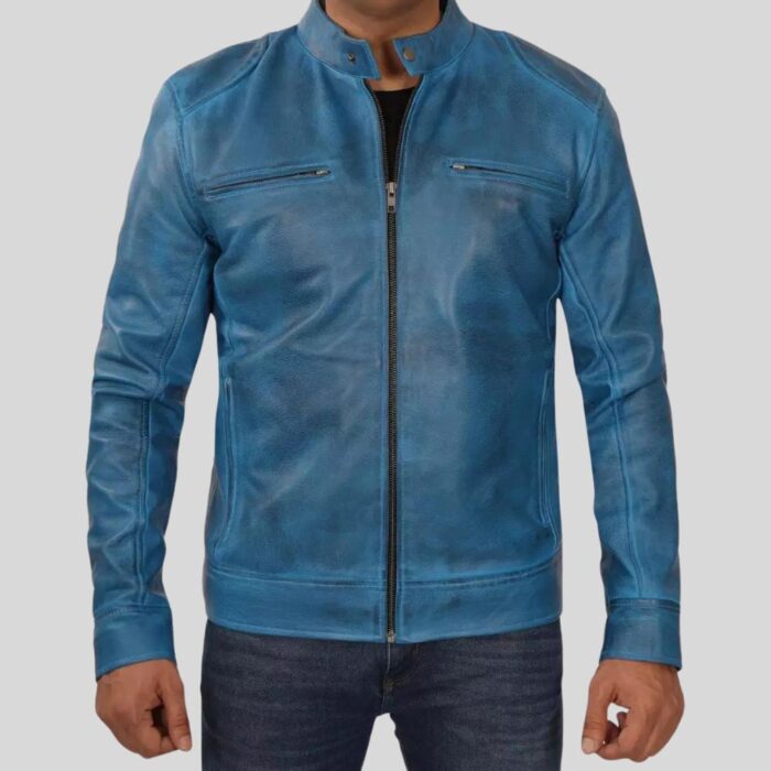 Blue leather jacket for men - front view