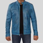 Blue leather jacket for men - full view