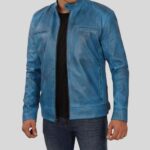 Blue leather jacket for men - side view