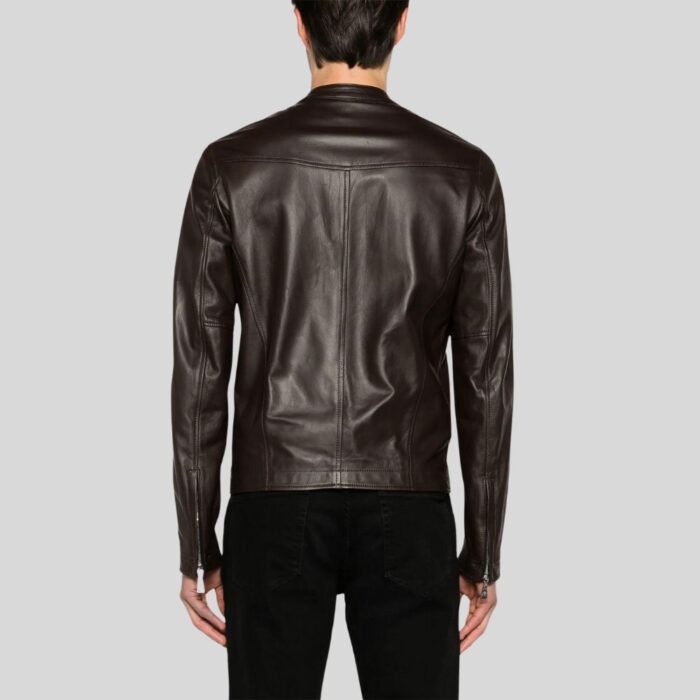 Brown leather bomber jacket for men - back view