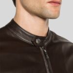 Brown leather bomber jacket for men - close-up view