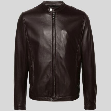 Brown leather bomber jacket for men - front view