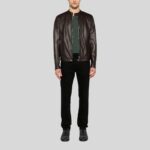 Brown leather bomber jacket for men - full view