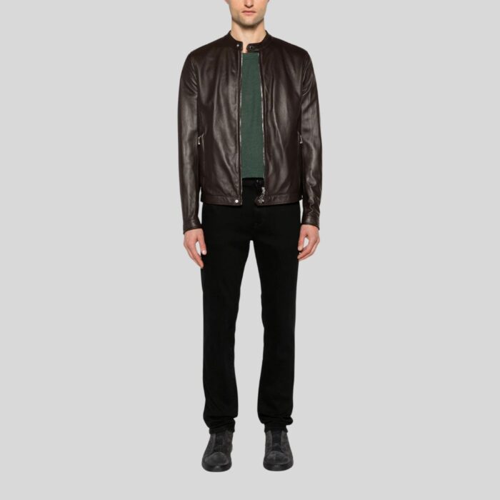 Brown leather bomber jacket for men - full view