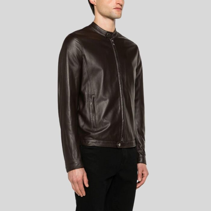 Brown leather bomber jacket for men - side view