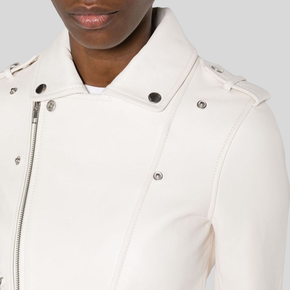 Close-up of White Leather Biker Jacket for Women