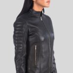 Close-up of a women’s black leather biker jacket