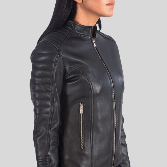 Close-up of a women’s black leather biker jacket