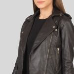 Close-up of brown leather biker jacket details