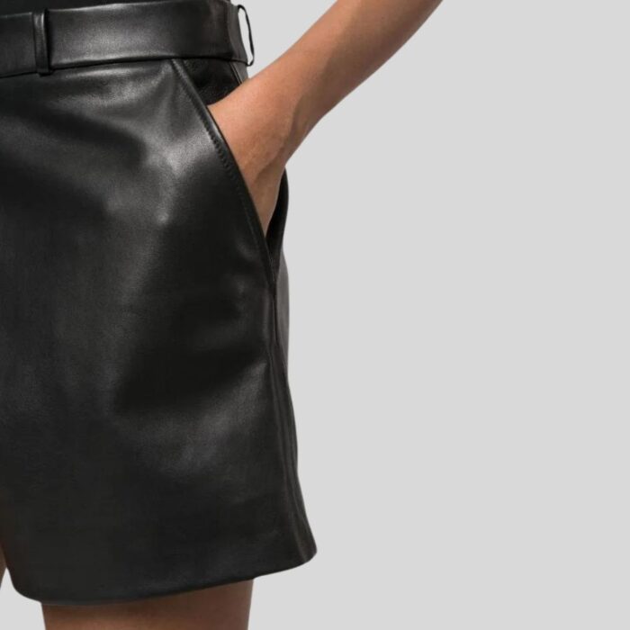 Close-up view of mid-rise leather shorts