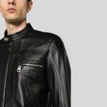 Close-up of men's black biker leather jacket