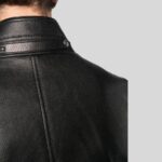 Close-up of mens black bomber leather jacket