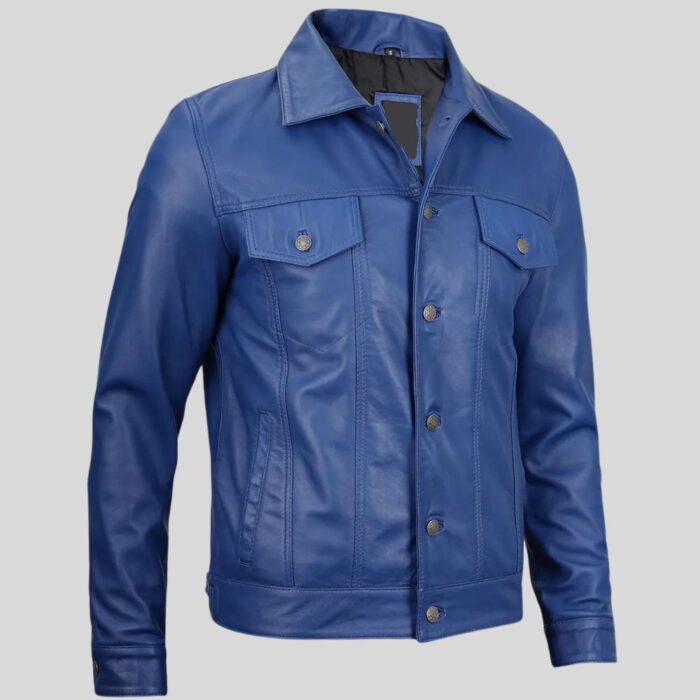 Close-up of men's blue leather trucker jacket