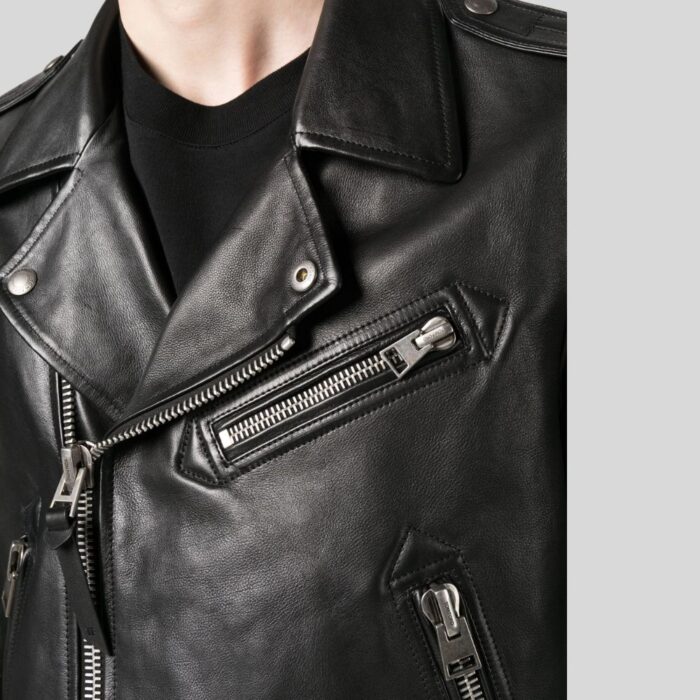 Close-up of mens leather motorcycle jacket