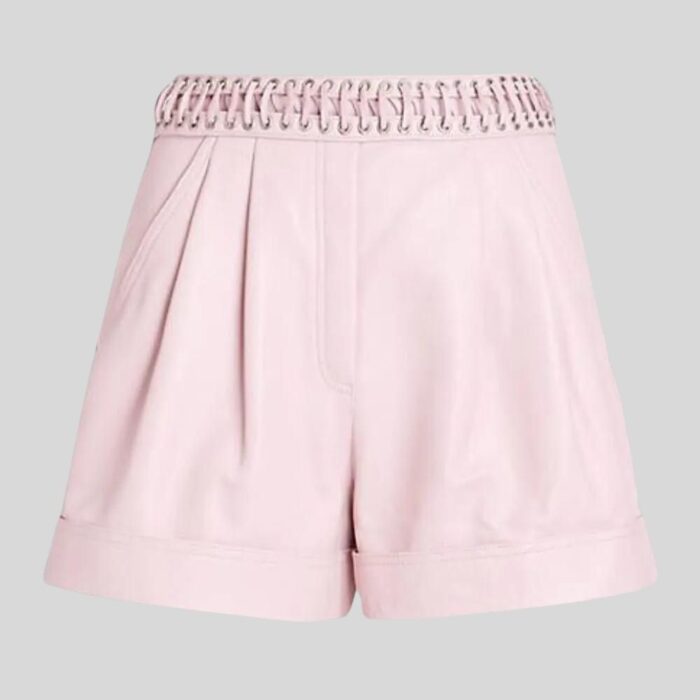 Close-up view of pink leather shorts