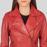 Close-up of women's red leather biker jacket