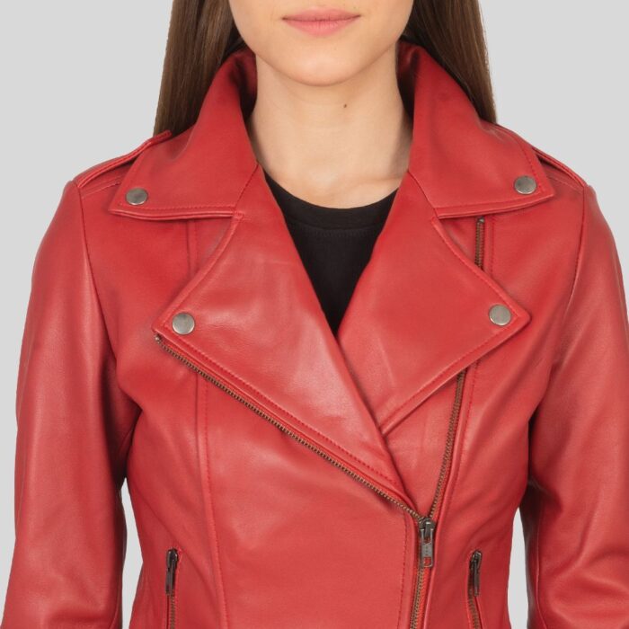 Close-up of women's red leather biker jacket