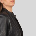 Close-up view of a classic leather biker jacket for women