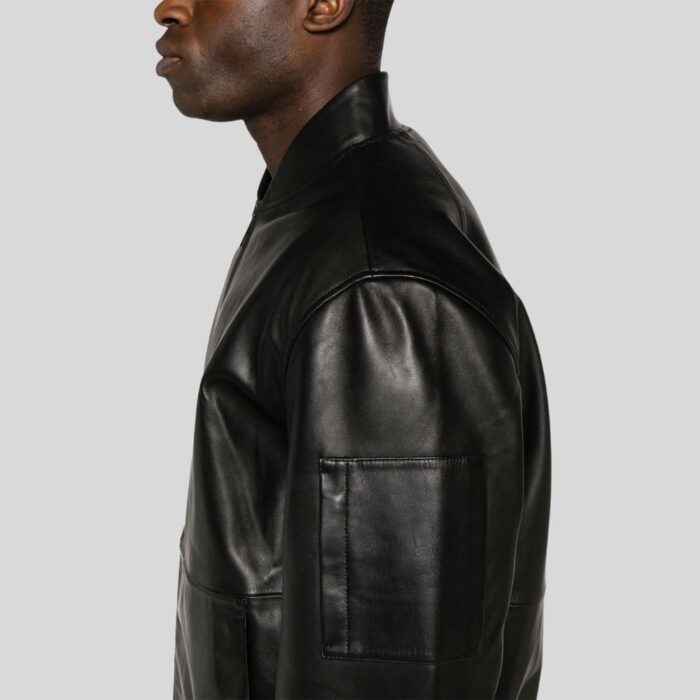 Close-up view of black men's leather bomber jacket details