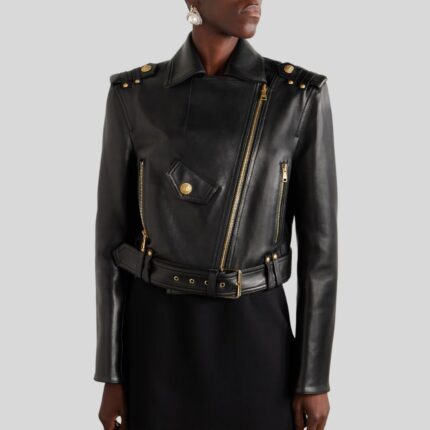 Cropped leather biker jacket women's front view