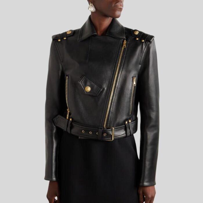 Cropped leather biker jacket women's front view