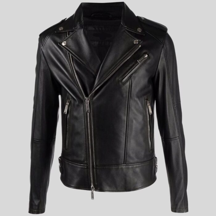 Front view of a black leather biker jacket for men