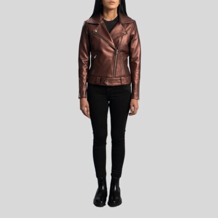 Front view of a stylish biker leather jacket for women