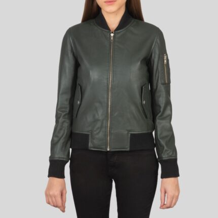 Front view of a women's green bomber jacket