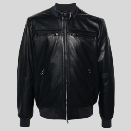 Front view of black leather bomber jacket for men