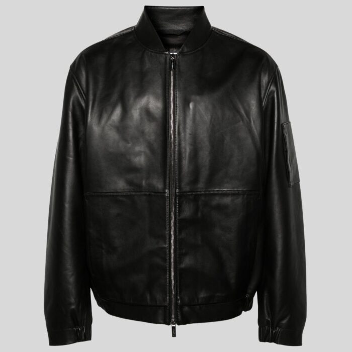 Front view of black men's leather bomber jacket