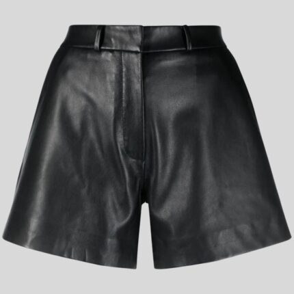 Front view of mid-rise leather shorts