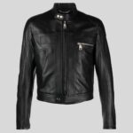 Front view of men's black biker leather jacket