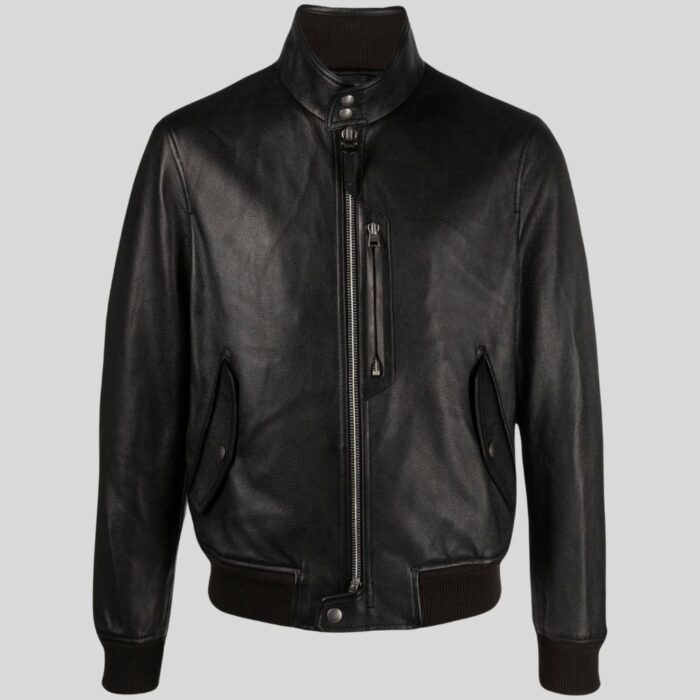 Front view of mens black bomber leather jacket