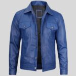 Front view of men's blue leather trucker jacket