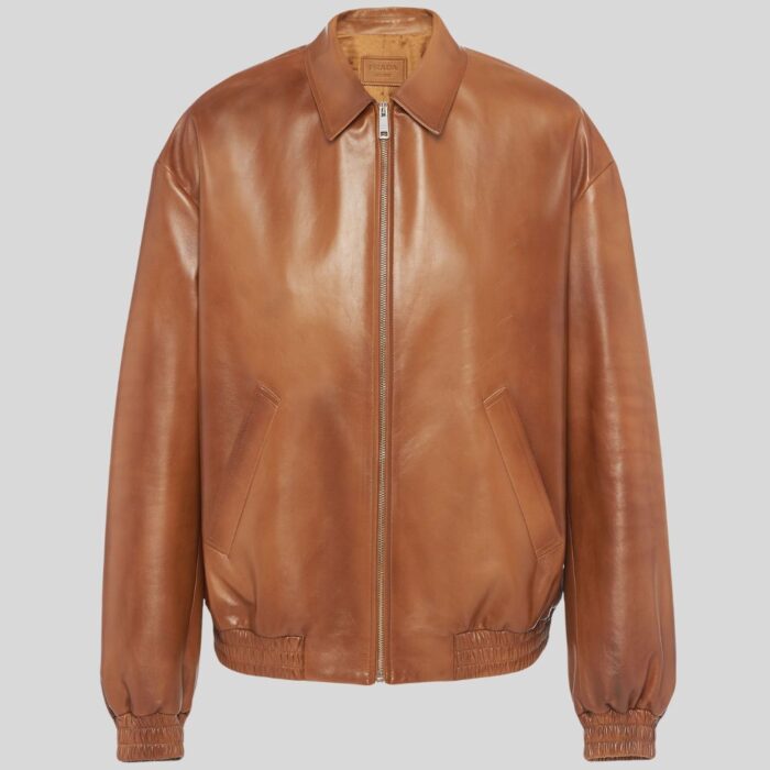 Front view of men's brown leather bomber jacket