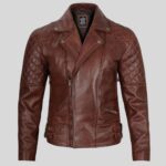 Front view of men's cognac leather jacket