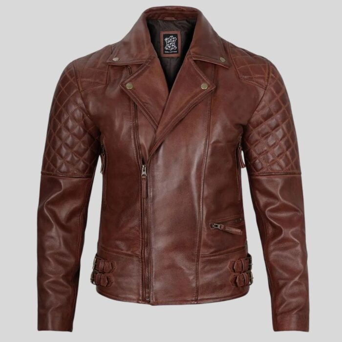 Front view of men's cognac leather jacket