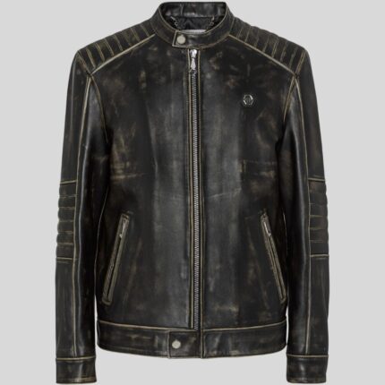 Front view of men's distressed leather biker jacket