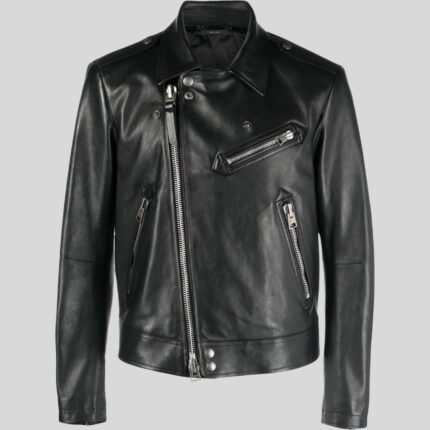 Front view of mens leather motorcycle jacket